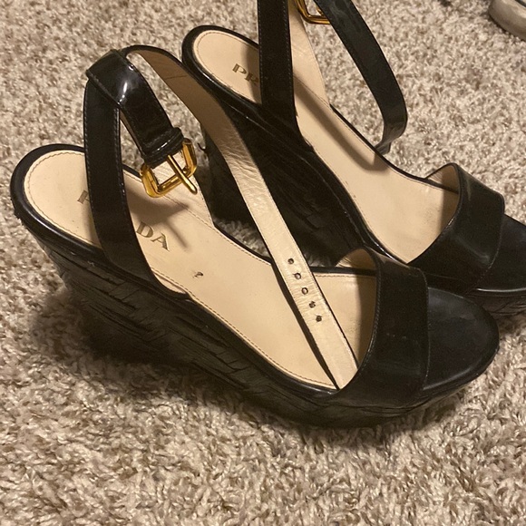 Prada patent leather basket weave detailed platform ankle strap wedges! - Picture 2 of 11